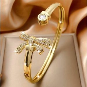 Mia Wynn Rhinestone & Gold Bow Open Skinny Wrap Bracelet